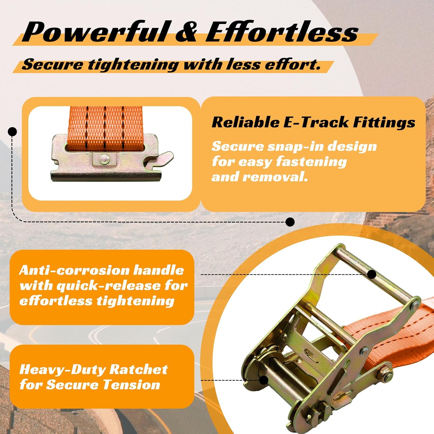 8 Pack 2" x 15' Heavy Duty E-Track Ratchet Straps - 4500LBS Break Strength - Tie Down Straps for Trucks, Trailers, Motorcycles, and Cargo(Orange) - Image 3