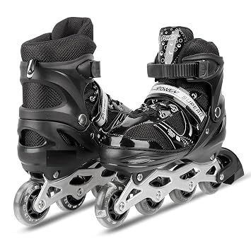 Inline Skates with PU Flashing Wheel Aluminum Body in-Line Skates with Size Adjustable with LED Flash Lights Set for Boys Kids and Girls Length for Age 8-16 Years (Black)