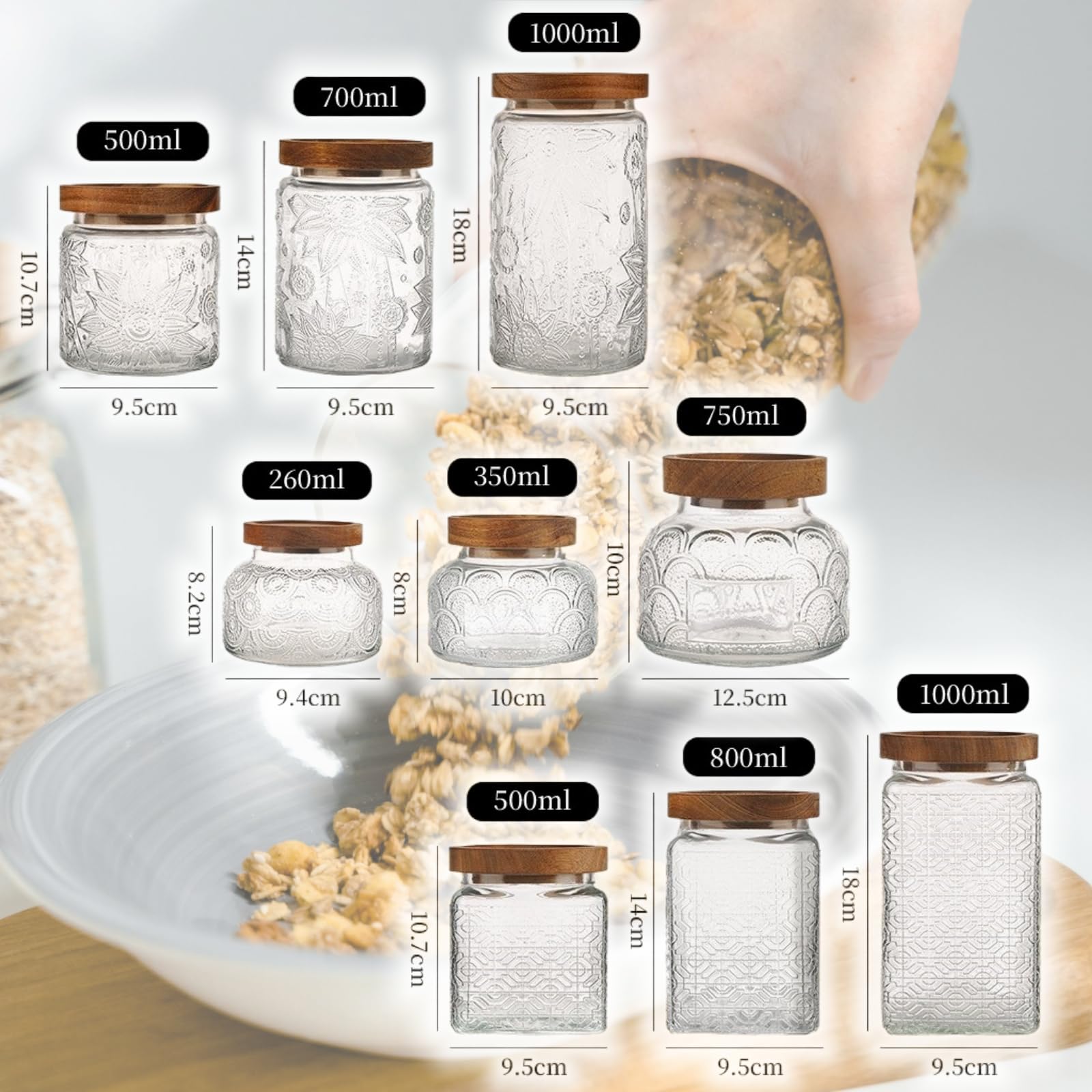 1/3Stück Vorratsgläser, 260ml-2200ml Luftdichte Glasbehälter, Vorratsdose Glas mit Holzdeckel Geprägtes Glas Küche Vorratsdosen (orbicular, je 1 von 3 Größen)