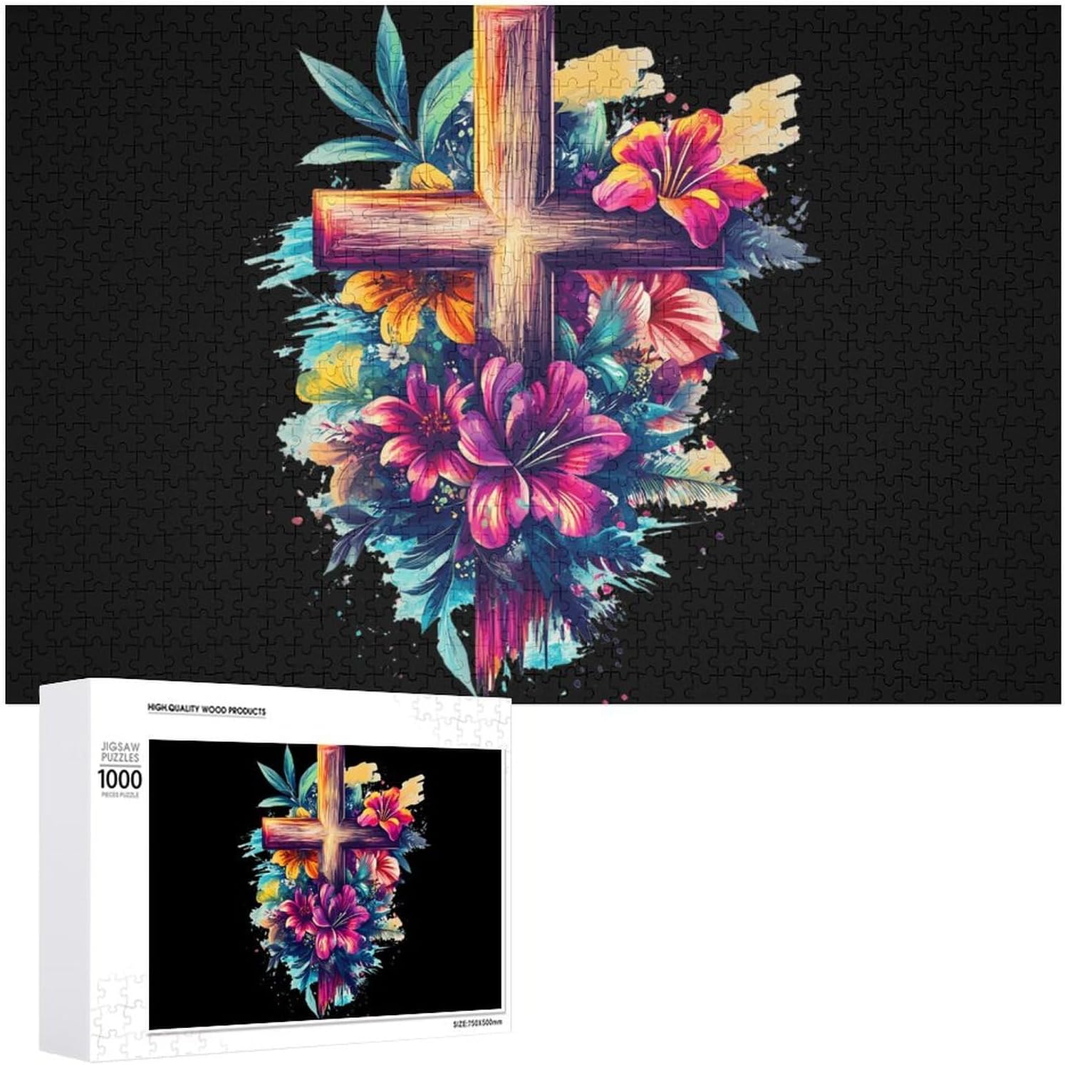 Crosss Floral Christ Flowers Wood Puzzle Challenging Jigsaw Puzzles for Women Men