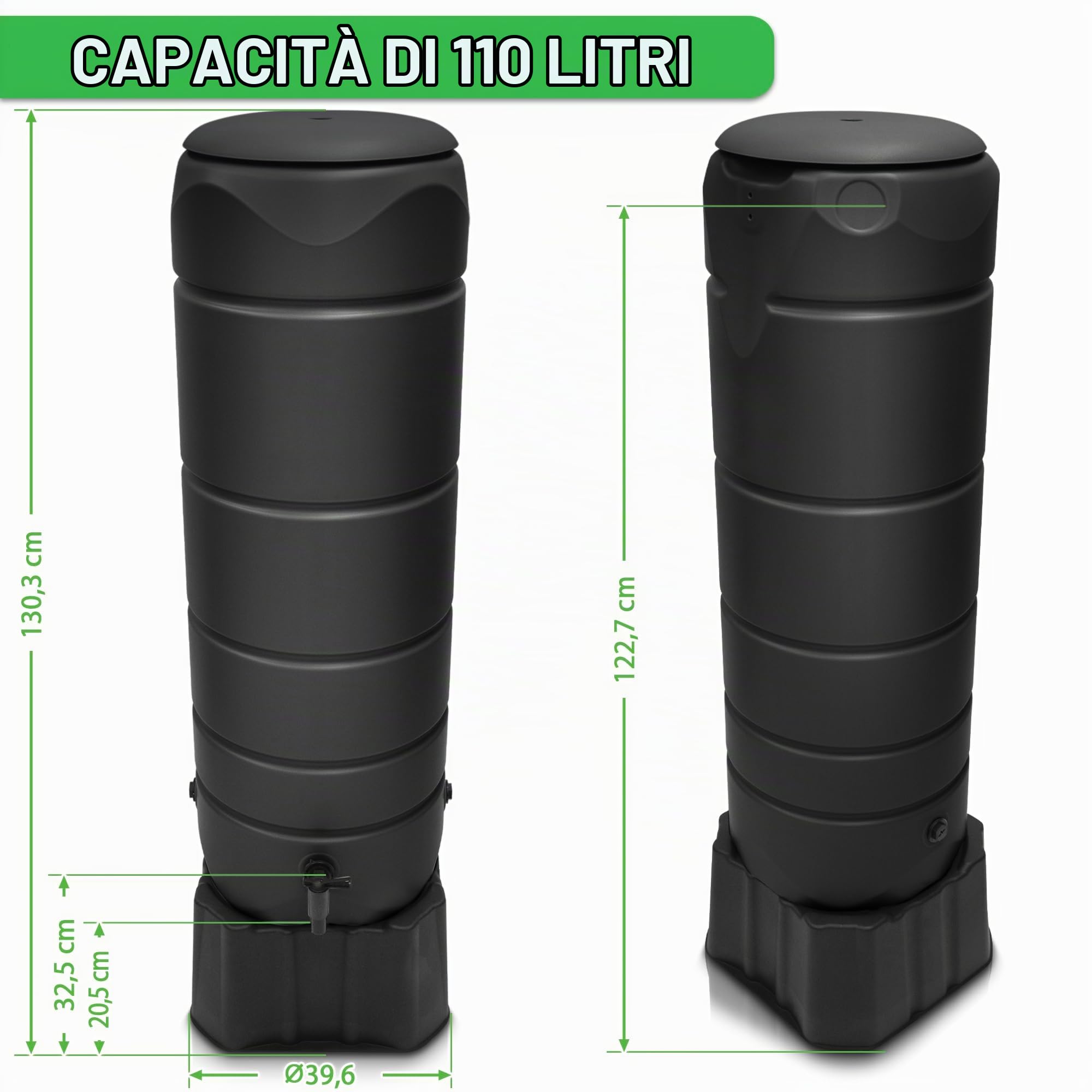 YourCasa CircleTower, barilotto antipioggia da 110 l, con base e coperchio e rubinetto, barile antipioggia in plastica, resistente al gelo, serbatoio dell'acqua piovana, per giardino