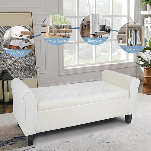 Miniatura 76 de Banco otomano de almacenamiento con brazos, banco de lino para dormitorio, banco de almacenamiento con botones para entrada, sala de estar, pasillo,