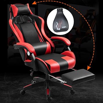 Gaming Chair, Bluetooth-Enabled Ergonomic Racing Style Gaming Chair with RGB LED Lights, Retractable Footrest, and Adjustable Backrest - Perfect for Long Gaming (Bearing397lbs) Black & Red