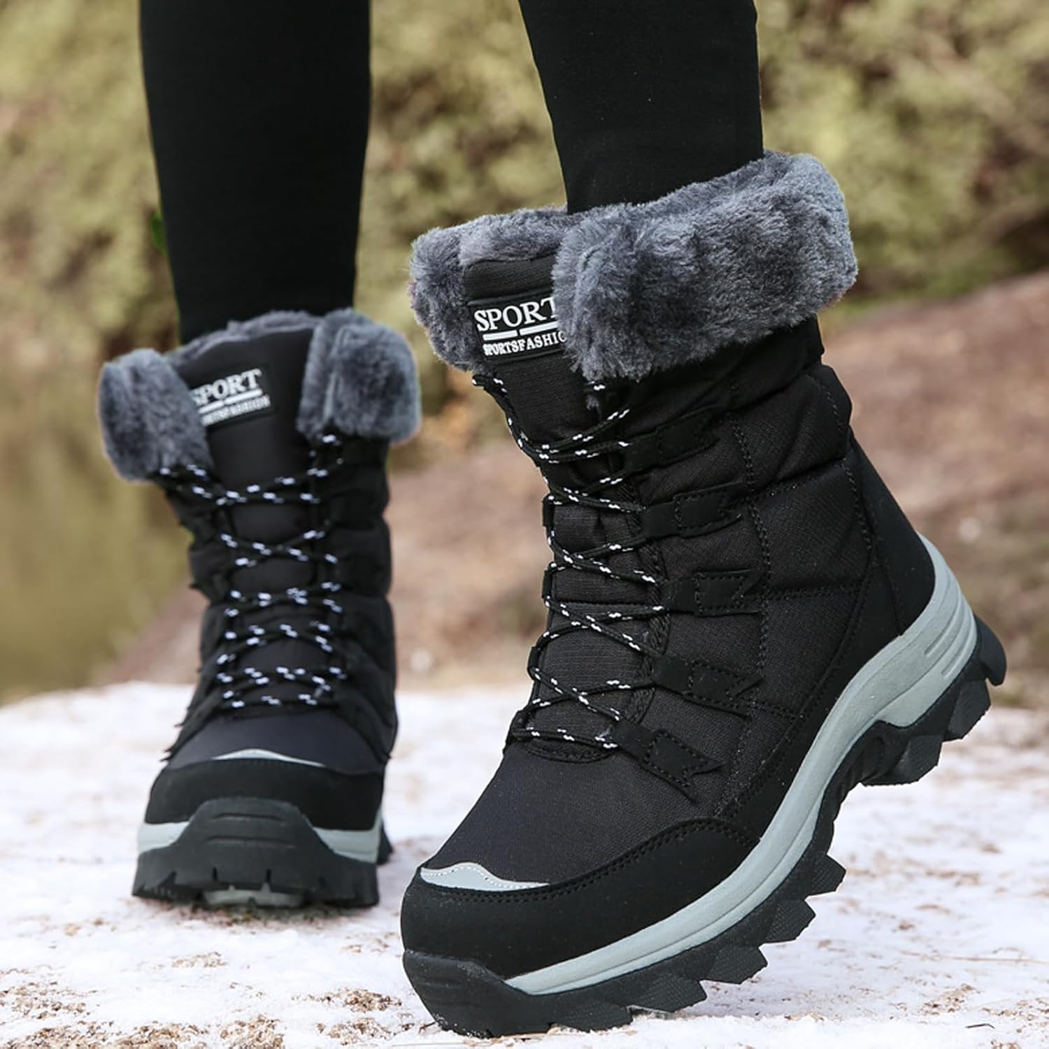 Women'S Waterproof Platform Snow Boots Winter Plus Velvet Warm Non-Slip Lace-Up Outdoor Snow Boots Fur Collar Casual Thickened Hiking Mid-Calf Boots
