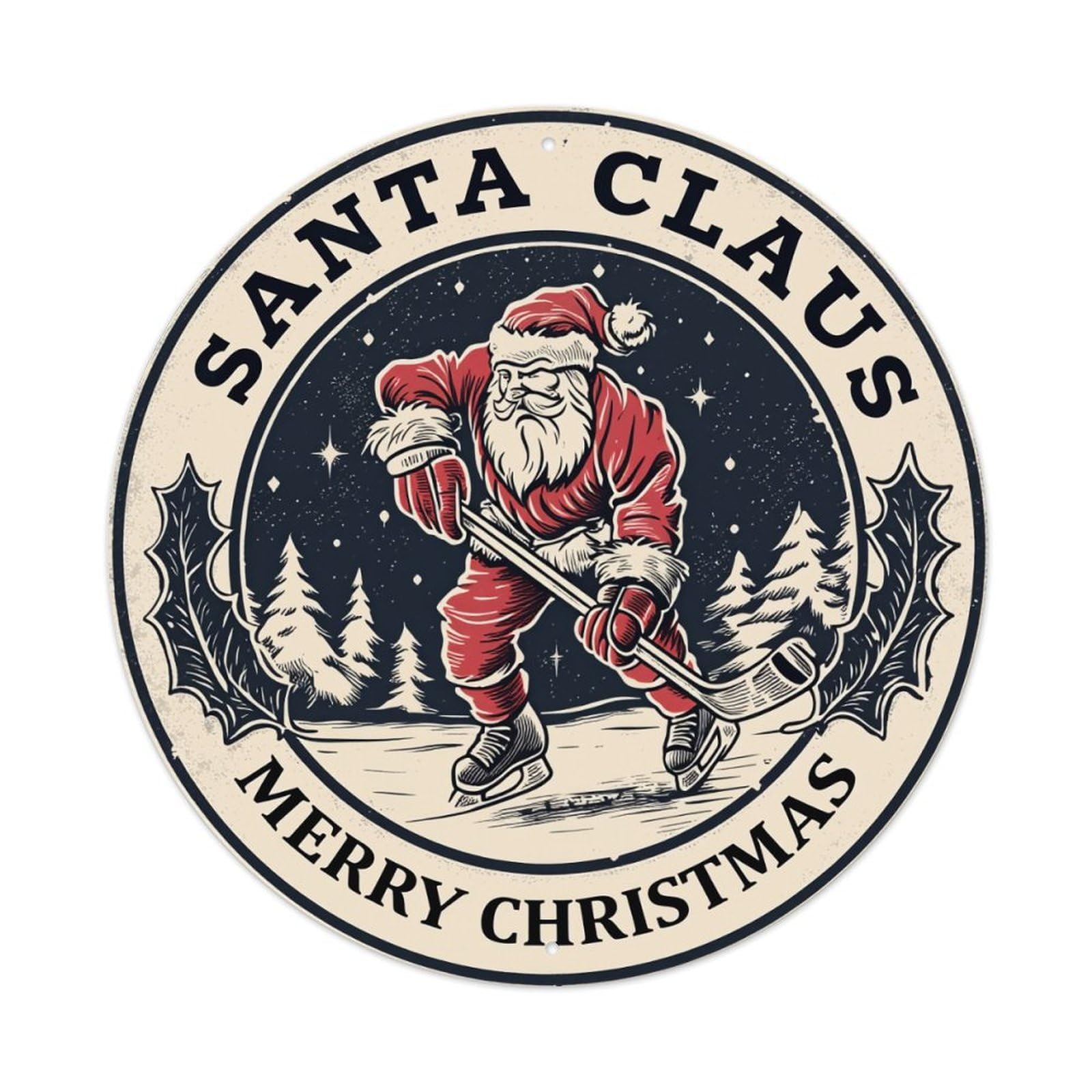 Santa Claus Hockey Christmas Tree Round Tin Sign Retro Metal Sign for Cafe Bar Pub Home Game Room Gym Club Wall Decoration Vintage Metal Poster 8x8 Inch
