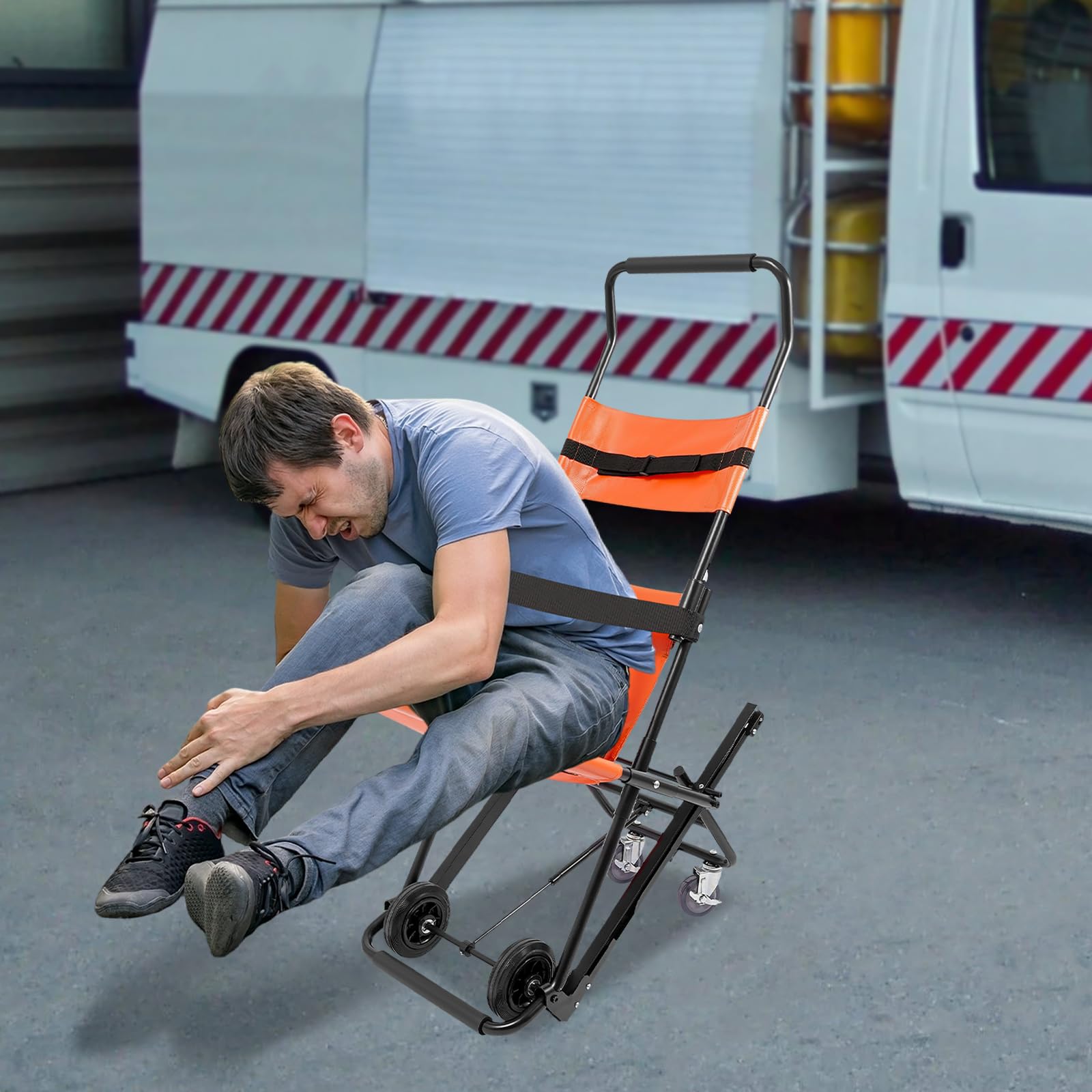 Silla de escalera manual de 4 ruedas, plegable, de aluminio, portátil, de evacuación de emergencia, capacidad de carga de 159 kg (naranja)