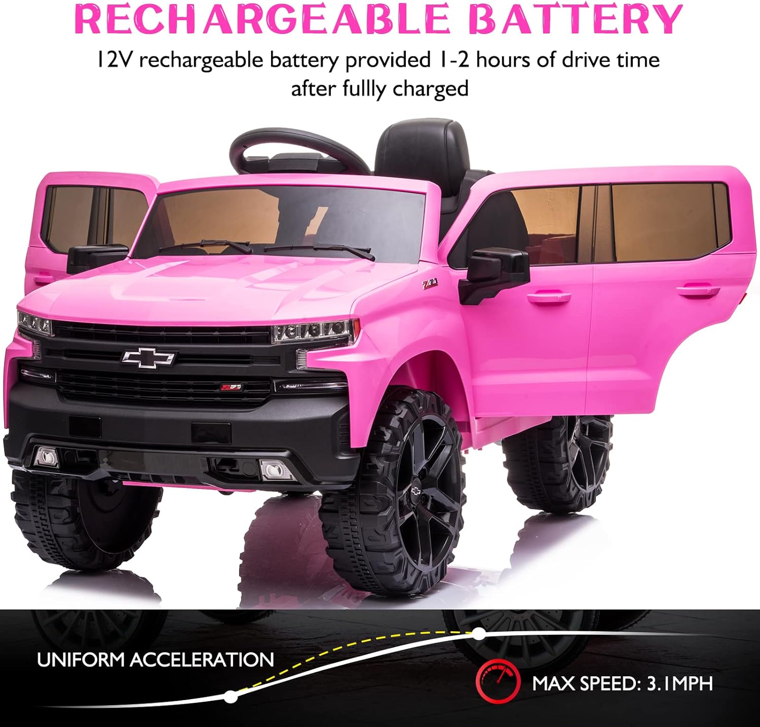 12V Electric Car for Kids,Licensed Chevy Silverado Truck Kids Ride On Car with Remote Control Battery Powered Electric Vehicle Toy Car, 4-Wheeler Suspension, Music& Lights, 3 Speeds(Pink)