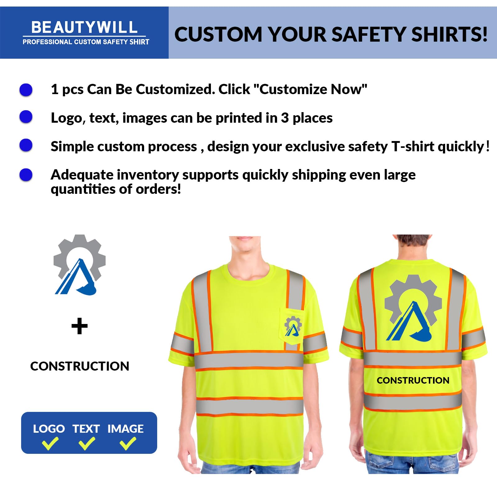 Custom Safety Shirts High Visibility Shirts Class 3 Hi Vis Reflective T-Shirts with Logo Safety Work Shirts for Men/Women Yellow Short Sleeve-(Medium,1Pack)