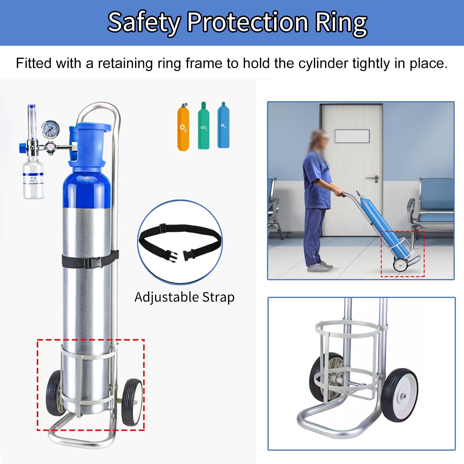 Soporte para tanque de oxígeno de aluminio móvil, carrito de tanque de oxígeno de altura ajustable para laboratorio de hospital, carrito de gas duradero (diámetro de 14,6 cm
