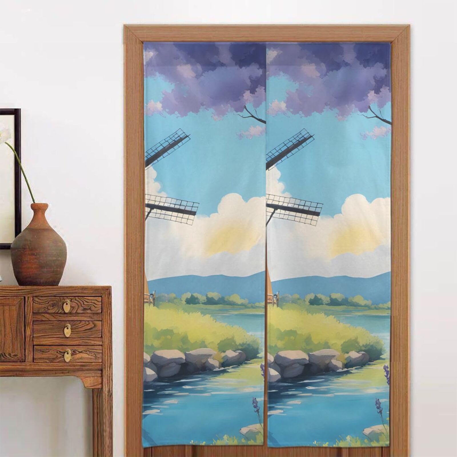 chenfandi beautiful river windmill Door curtain, blackout, suitable for bedrooms, bathrooms, windows, etc., 86 x 143 cm.