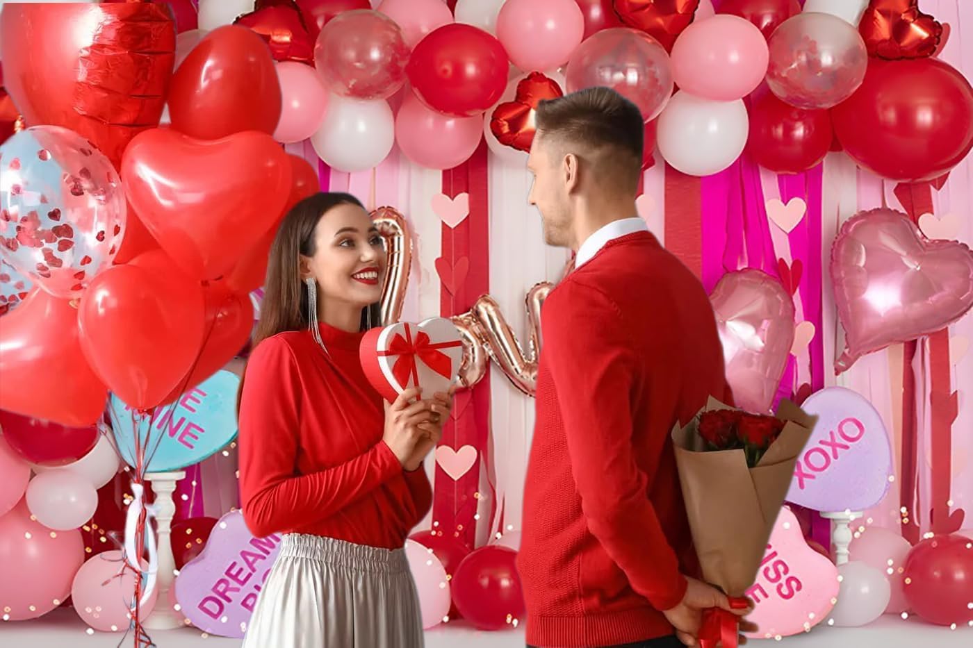 Valentines Backdrop 12x10ft Pink Balloons Sweetheart Candy Love Heart Valentine Background Photo Backdrops for Photoshoot Valentine's Party Decorations Banner Photo Booth Props