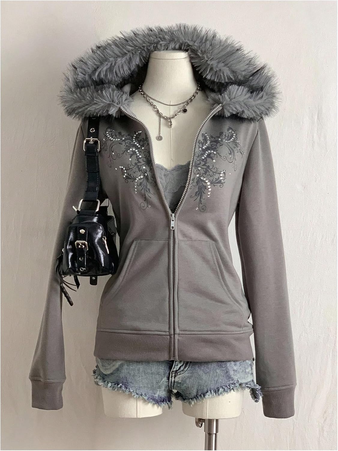 GORGLITTER Women's Graphic Fur Zip Up Hoodie Sweatshirt Y2K Fuzzy Long Sleeve Hooded Jacket Streetwear Western - Image 4