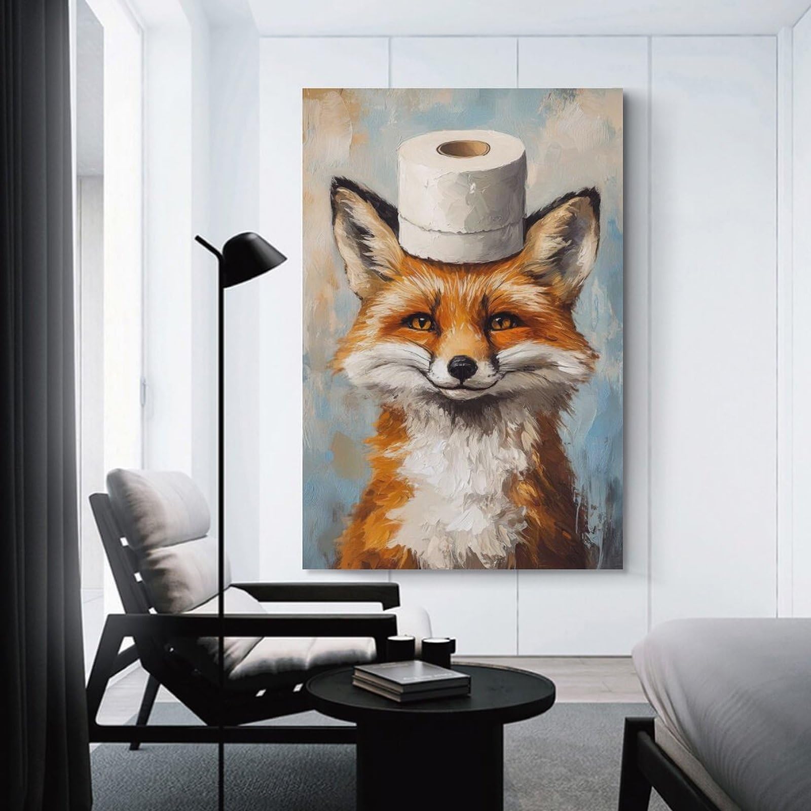Junmoney Unframe-Style-12 Fox With Toilet Paper Hat Hanging Wall Art, 24X36inch(60X90cm), For Bedroom Decor, Cosy Corners Or Studios, An Easy Wall Refresh For Bedrooms