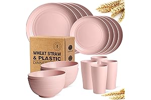 Teivio 16-Piece Pink Kitchen Plastic Wheat Straw Dinnerware Sets