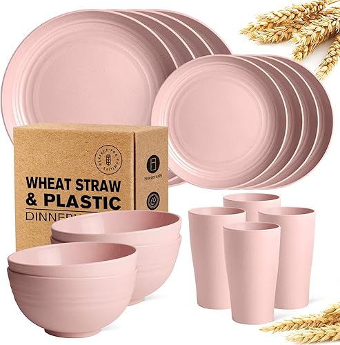 Teivio Juego de vajilla de paja de trigo de 16 piezas, platos para platillo principal, plato de postre, cuencos para cereales, vasos, platos de
