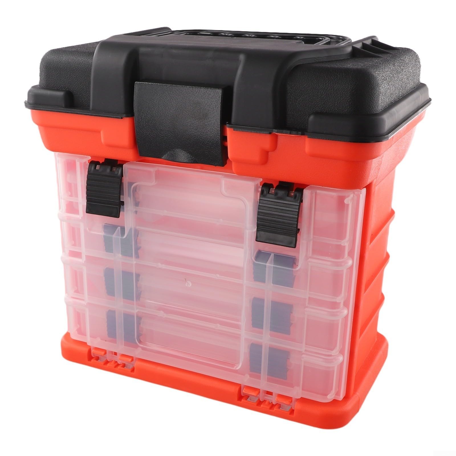 Caja de aparejos de pesca, estuche de almacenamiento portátil de 4 capas con mango de asiento plegable, cerraduras gruesas para carretes de líneas de engranaje, negro (naranja)