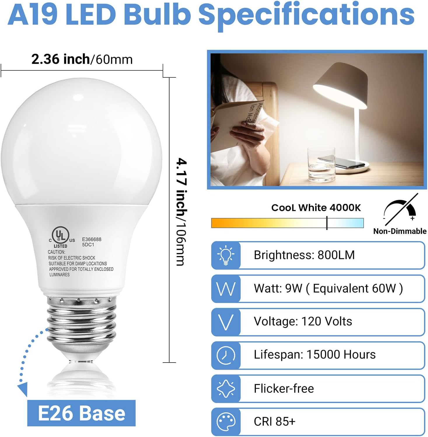 TJOY A19 LED Light Bulbs 60 Watt Equivalent, E26 Standard Base LED Bulbs, 4000K Cool White Lightbulbs, 9W Energy Saving Neutral White for Home, 800 Lumens, 85+ CRI, 120V, Non-Dimmable, UL, 6 Pack