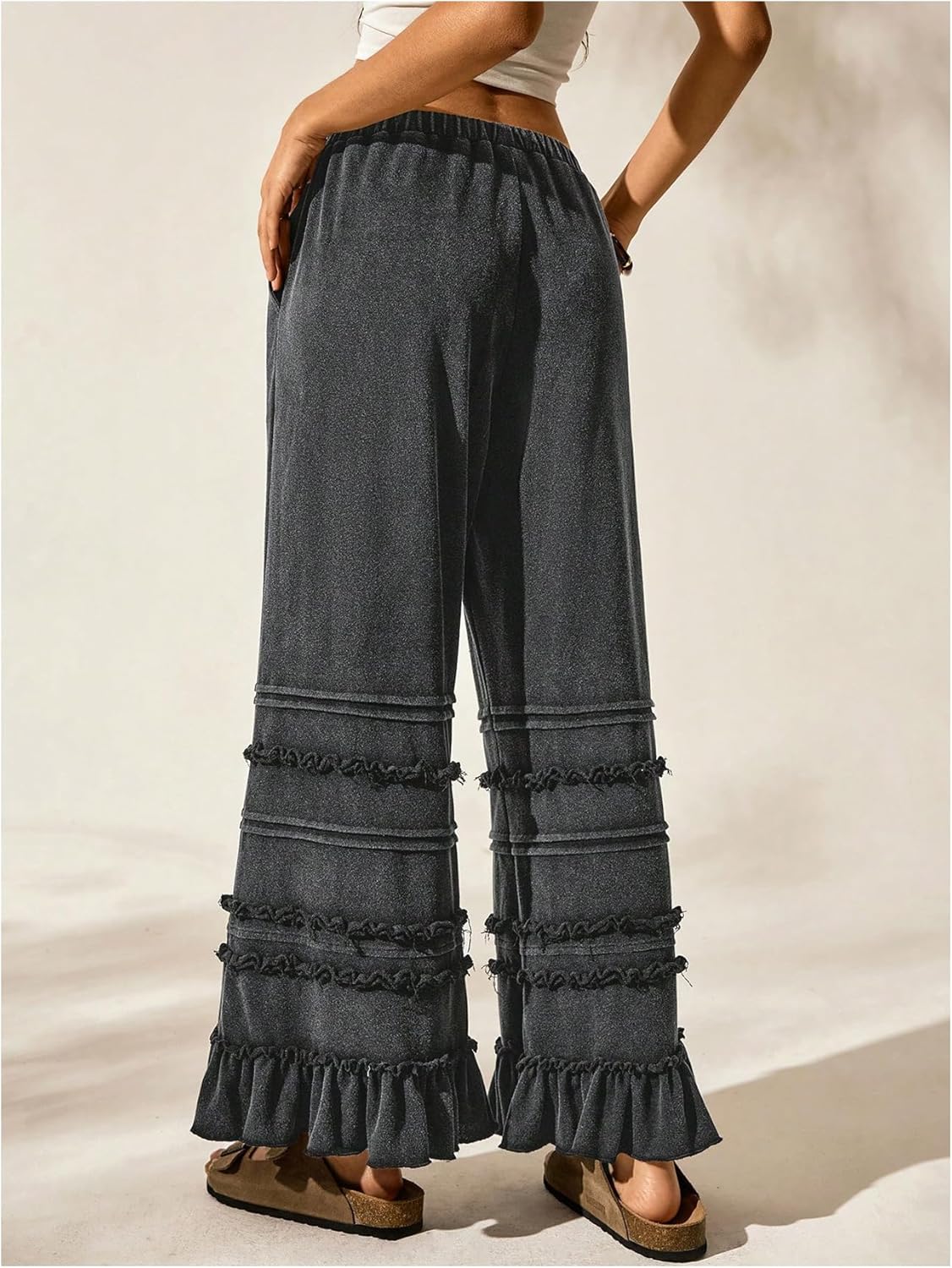 WDIRARA Women's Drawstring Elastic Waist Ruffle Hem Wide Leg Pants Loose Palazzo Pants