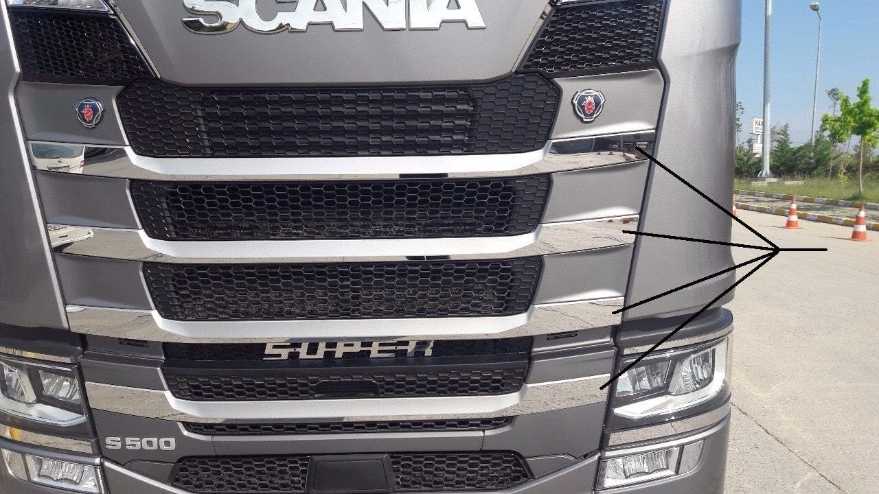 Scania S/R Nextgen 2017+ - Set di 8 decorazioni anteriore in acciaio inossidabile, lucidate a specchio, autoadesive, antiruggine