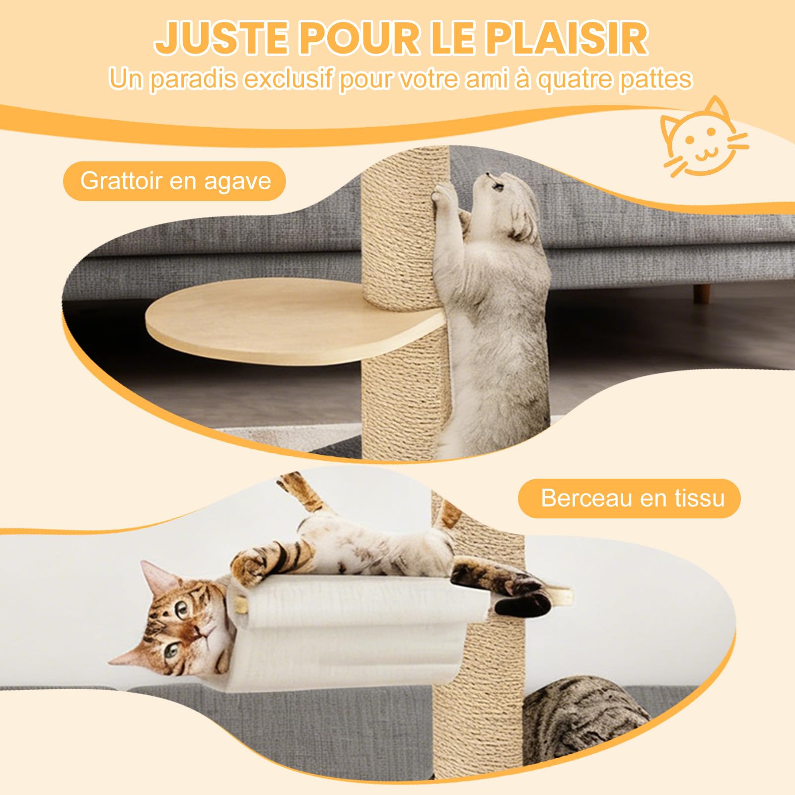 Arbre a Chat Plafond du Sol au Plafond, Arbre à Chat XXL de Hauteur Réglable de 2,95 à 3,1 m, Griffoir pour Chats avec Tour à 6 Niveaux avec 7 Poteaux à Griffer en Sisal (Jaune)