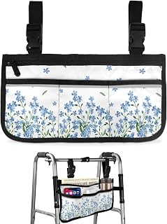 Blue Flower Wheelchair Side Bag Walker Bag, Rustic Floral Falling Spring Farmhouse Wheelchair Accessories Armrest Pouch, Organizer Storage Bag for Walkers, Rollators, Scooters, 7.3''x13''