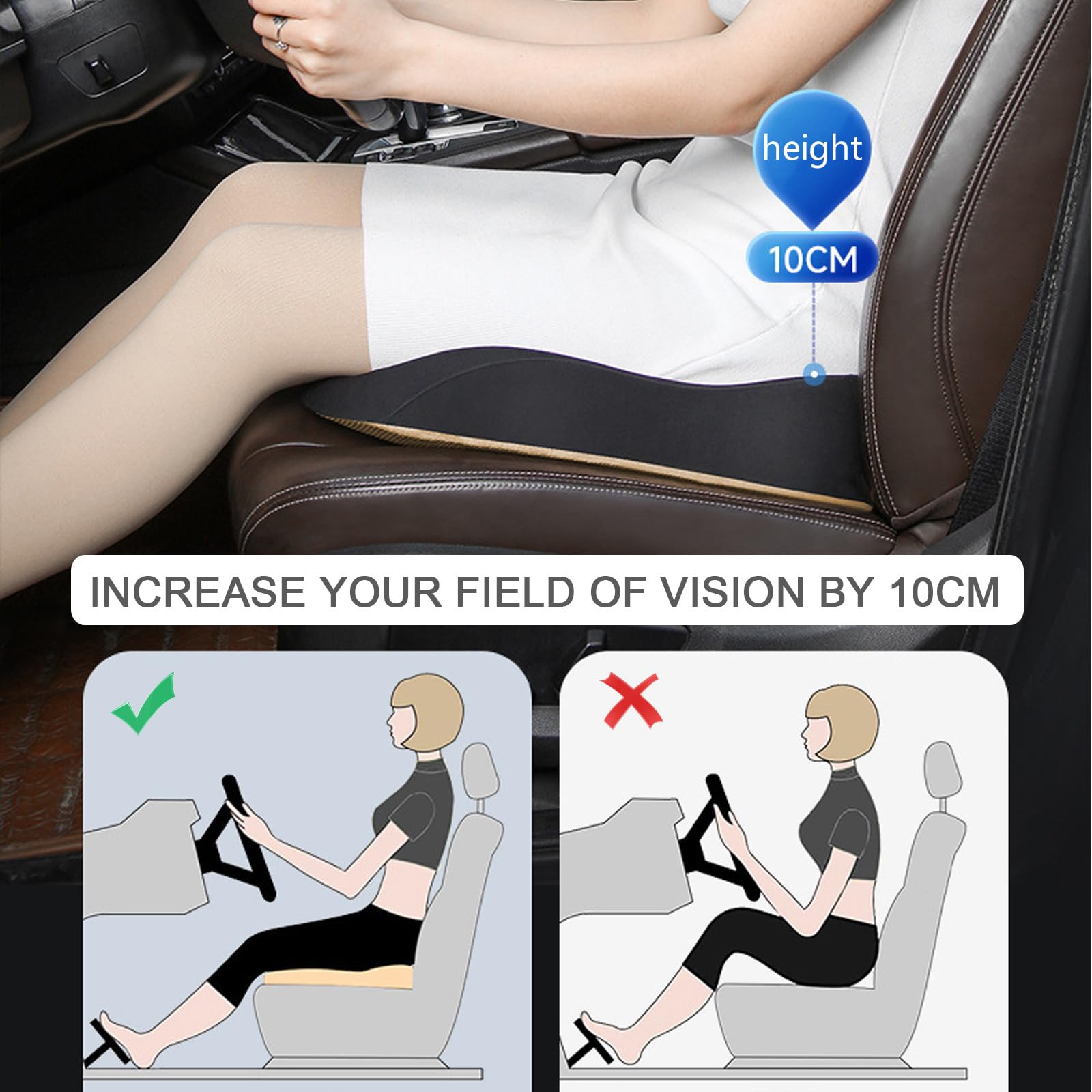 Sitzerhöhung Auto Erwachsene Keilkissen Auto, 10 cm Memory Foam Auto Sitzkissen Fahrersitz Autositzkissen, Tragbare Steißbein Sitzkissen für Bürostuhl, Rollstuhl,Grau