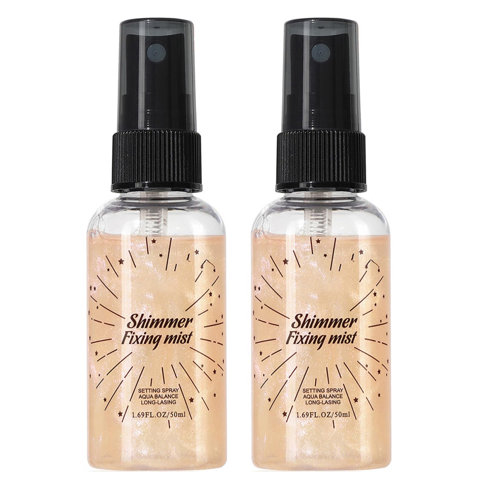 Setting Spray with Shimmer – 2Pcs 50ml Fixing Mist Champagne One Size | Shimmer fixing mist in 2-piece set. 50ml size for travel. Lightweight spray for glow.