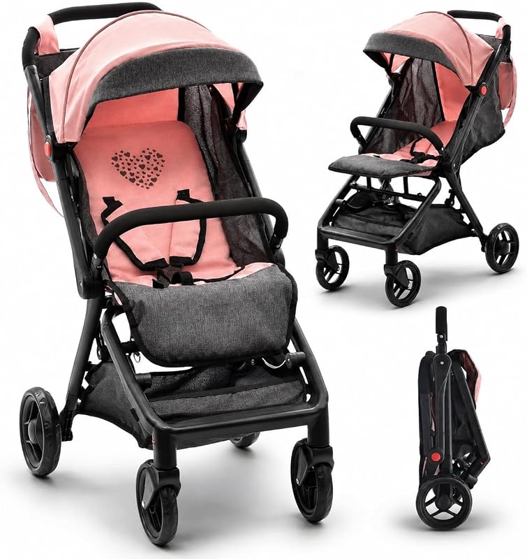 Baby Doll Compact Travel Stroller for Girls Toddlers Foldable Play Toy Carriage for Kids with Diaper Bag Pretend Play Stroller for Doll