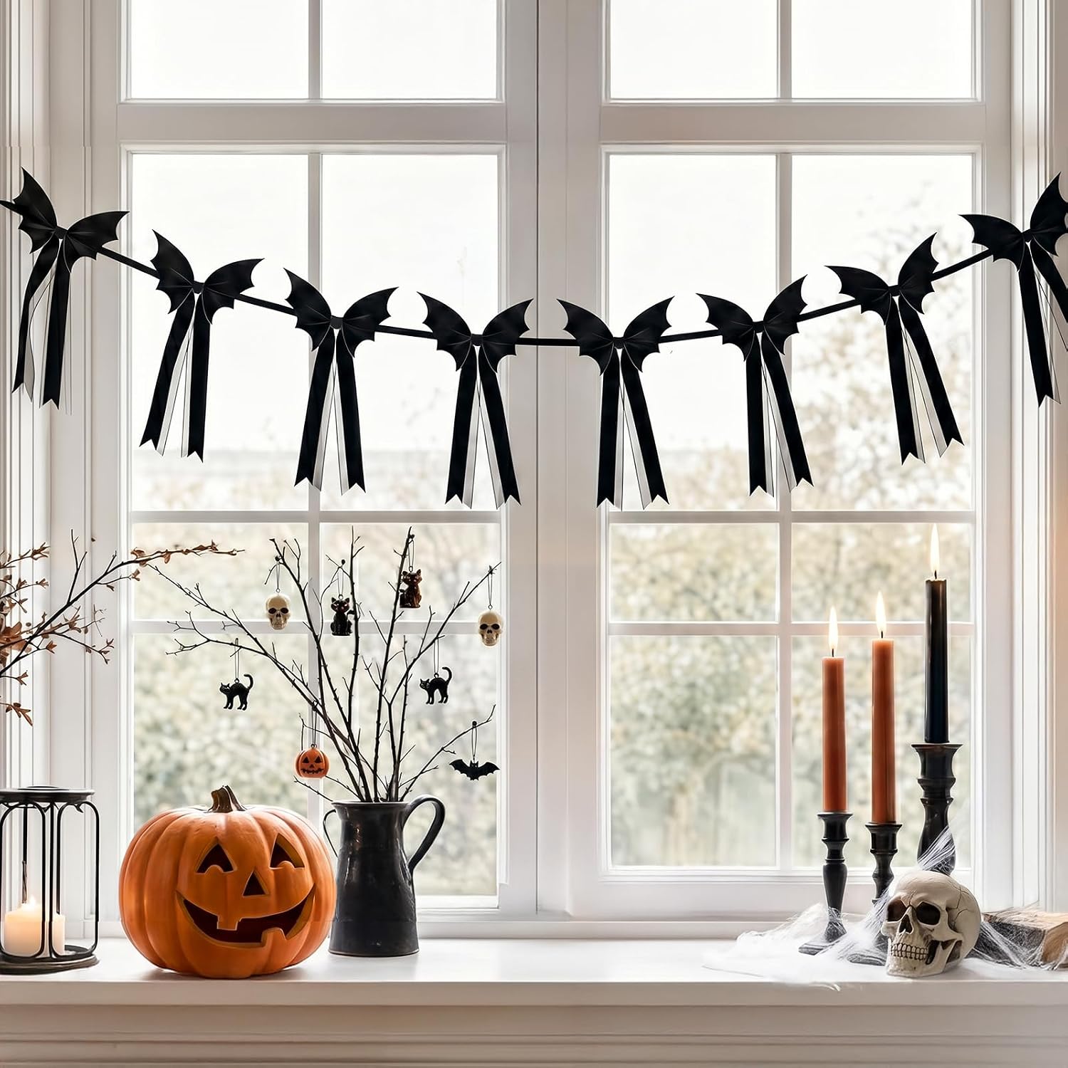 Bunny Chorus Halloween Garland, 6.5 Ft Black Velvet Bat Bow Garland, Gothic Bat Garland Halloween Decorations, Elegant Halloween Banner for Mantle Fireplace Home Office Wall