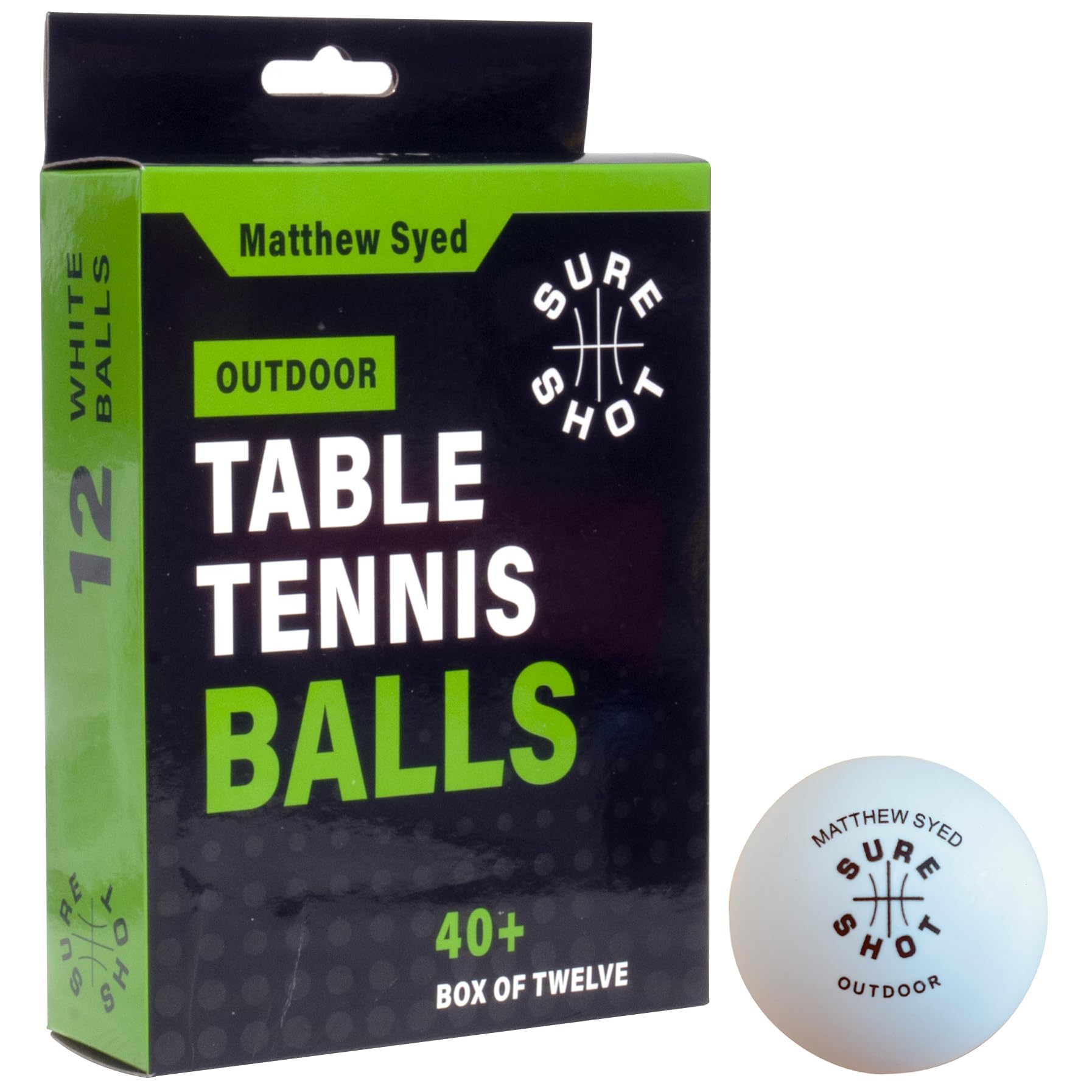 Sure Shot Matthew Syed Table Tennis Balls | Outdoor Ping Pong Balls 12 Pack, White