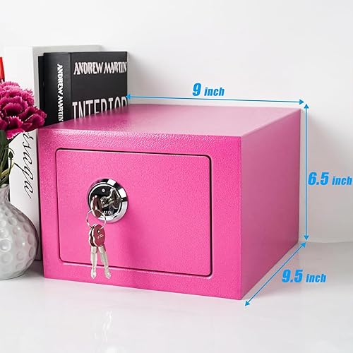 Miniatura 4 de Luwint Caja de seguridad pequeña de acero con llave, uso doméstico general, 9.5 x 9 x 6.5 pulgadas (rosa)