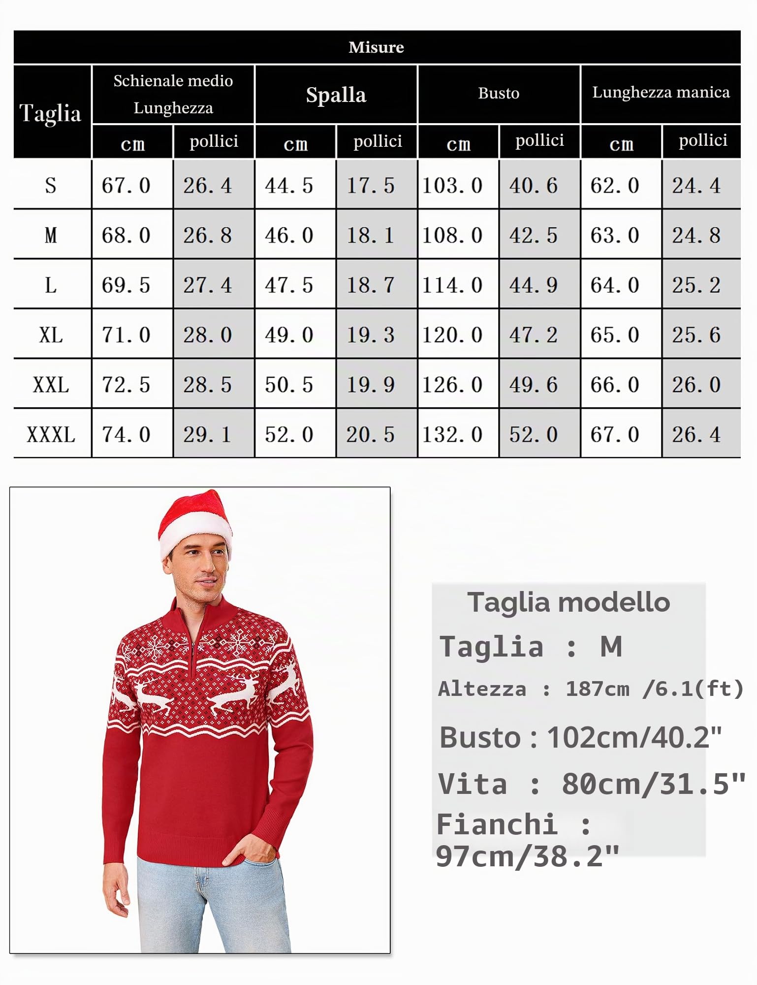 Maglione Natalizio Uomo Maniche Lunghe Zip Un Quarto Motivo Renna | Tessuto Morbido, Maniche Lunghe, Lavorazione a Maglia, Calore Confortevole, Vestibilità Regolare, Autunno e Inverno