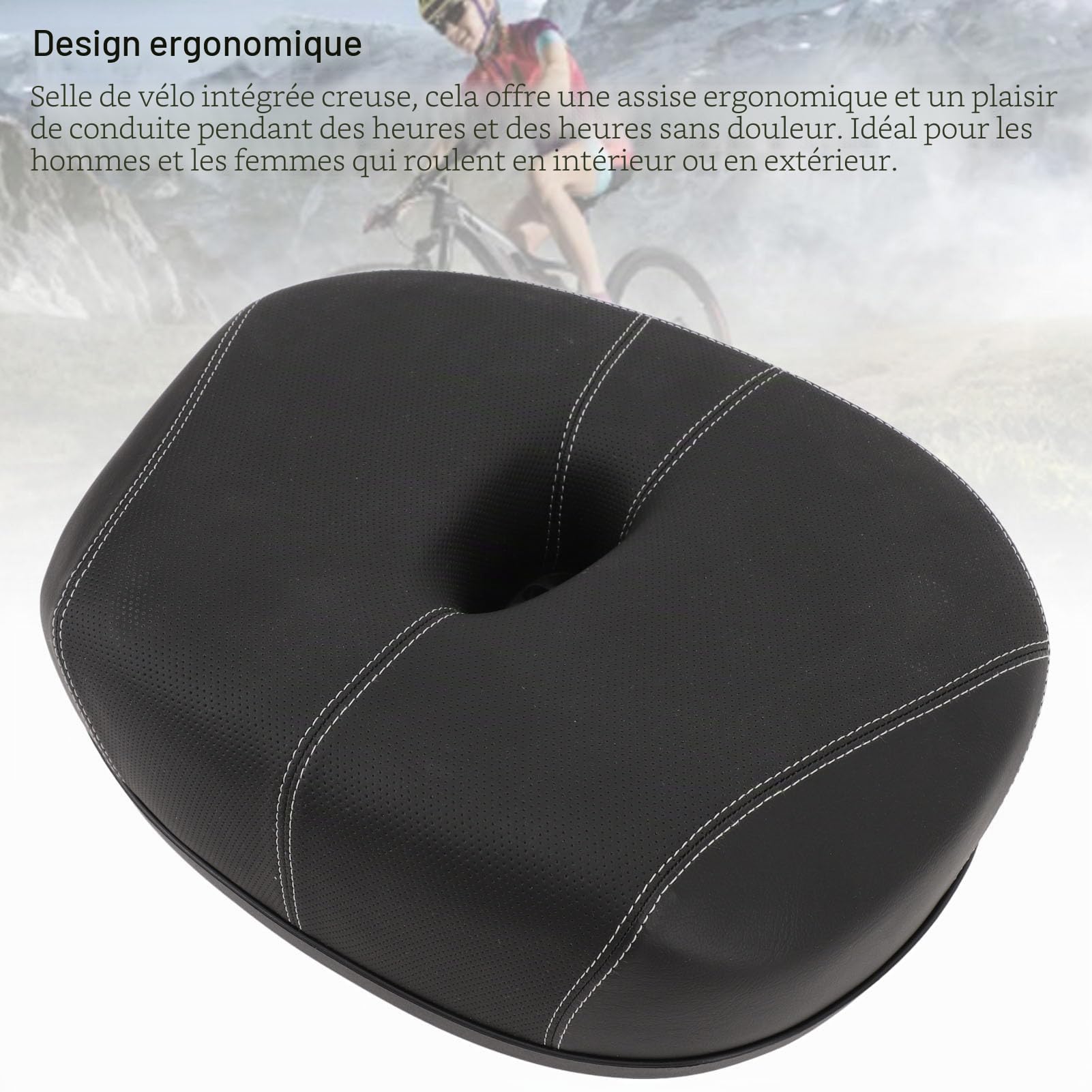 Selle de Vélo Large sans Nez, Remplacement de Siège de Vélo épais et Creux, Absorbant les Chocs, pour Hommes et Femmes, Vélo de Montagne en Ville (BLACK)