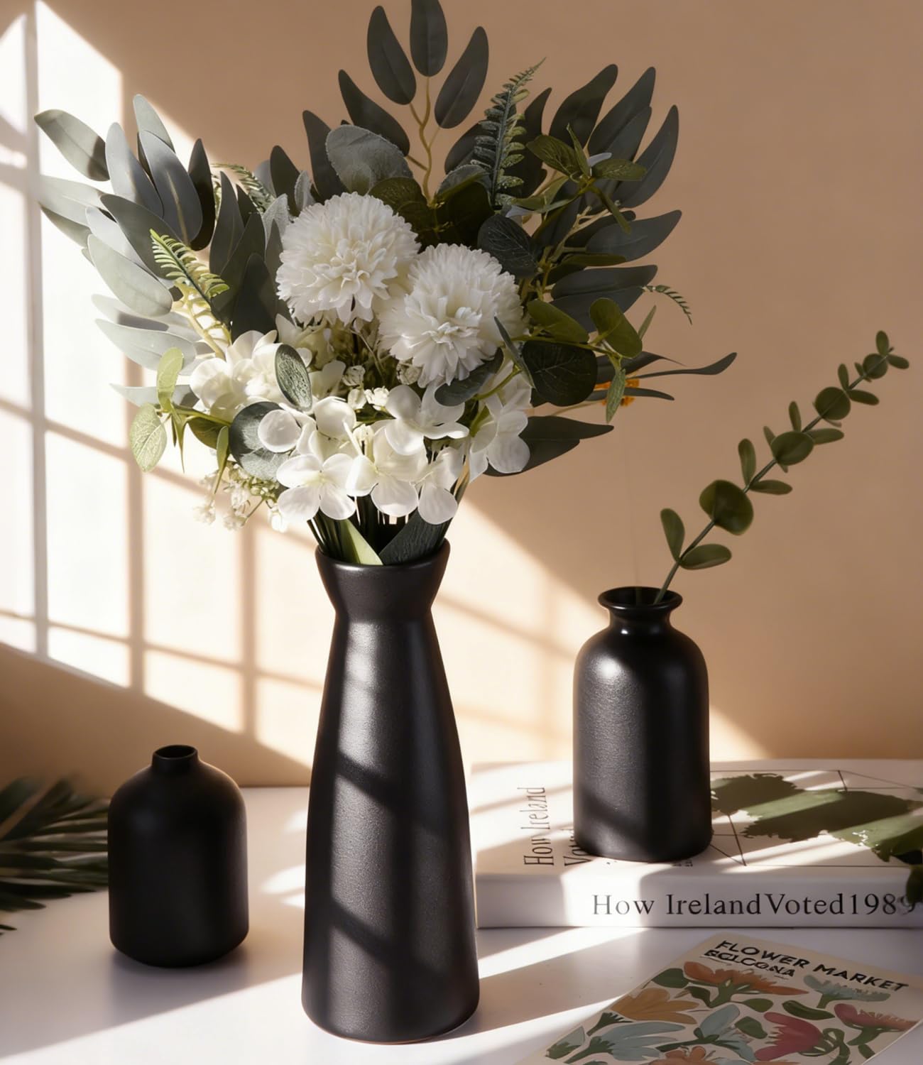 Zestaw 3 czarnych ceramicznych wazonów, nowoczesne minimalistyczne nordyckie nowoczesne podkładki do wystroju domu, dekoracyjne suszone kwiaty do wazonu do wystroju domu, dekoracyjny centralny