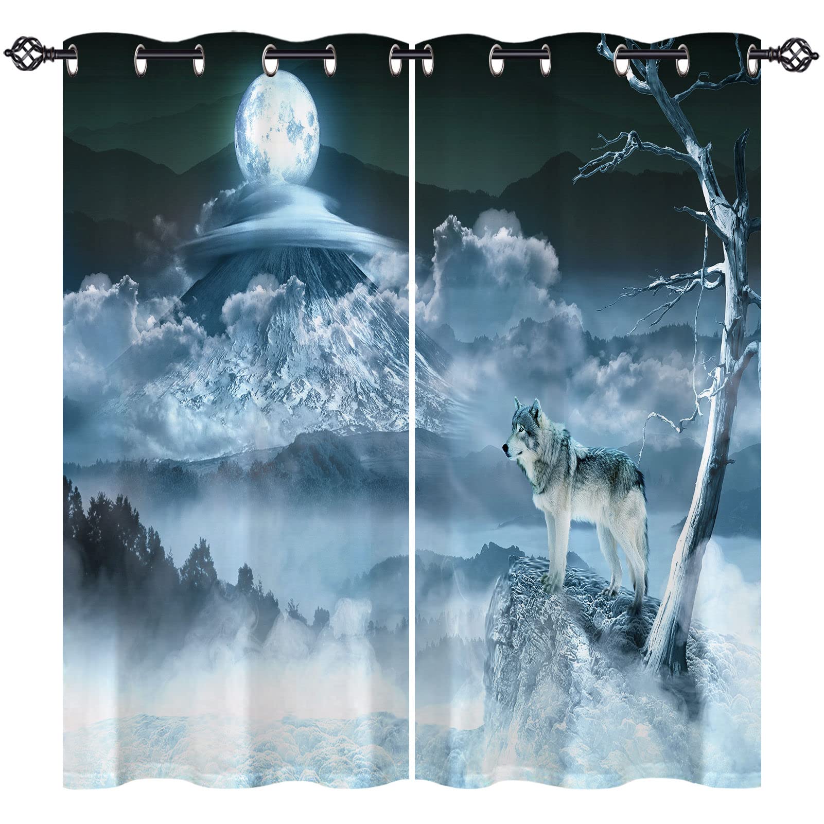 ANHOPE Wolf Curtains Eyelet 80% Blackout Curtains with Winter Forest Mountain Moon Wolf Print Pattern Thermal Soundproof Decorative Window Drapes for Bedroom Living Room Kitchen 55 x 63 Inch 2 Panels