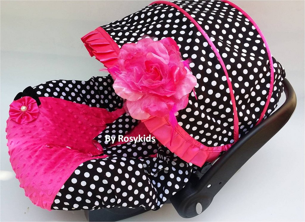 Rosy Kids Infant Carseat Canopy Cover 4pc Whole Caboodle, Baby Car Seat Cover Baby Blanket Outdoor Kit, Black Ground Polka Dot Hot Pink