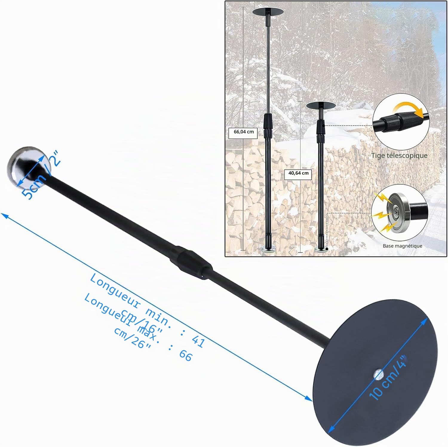 Lot de 2 outils de mesure magnétiques puissants de 40,6 cm à 73,7 cm réglables pour bois de chauffage, noir