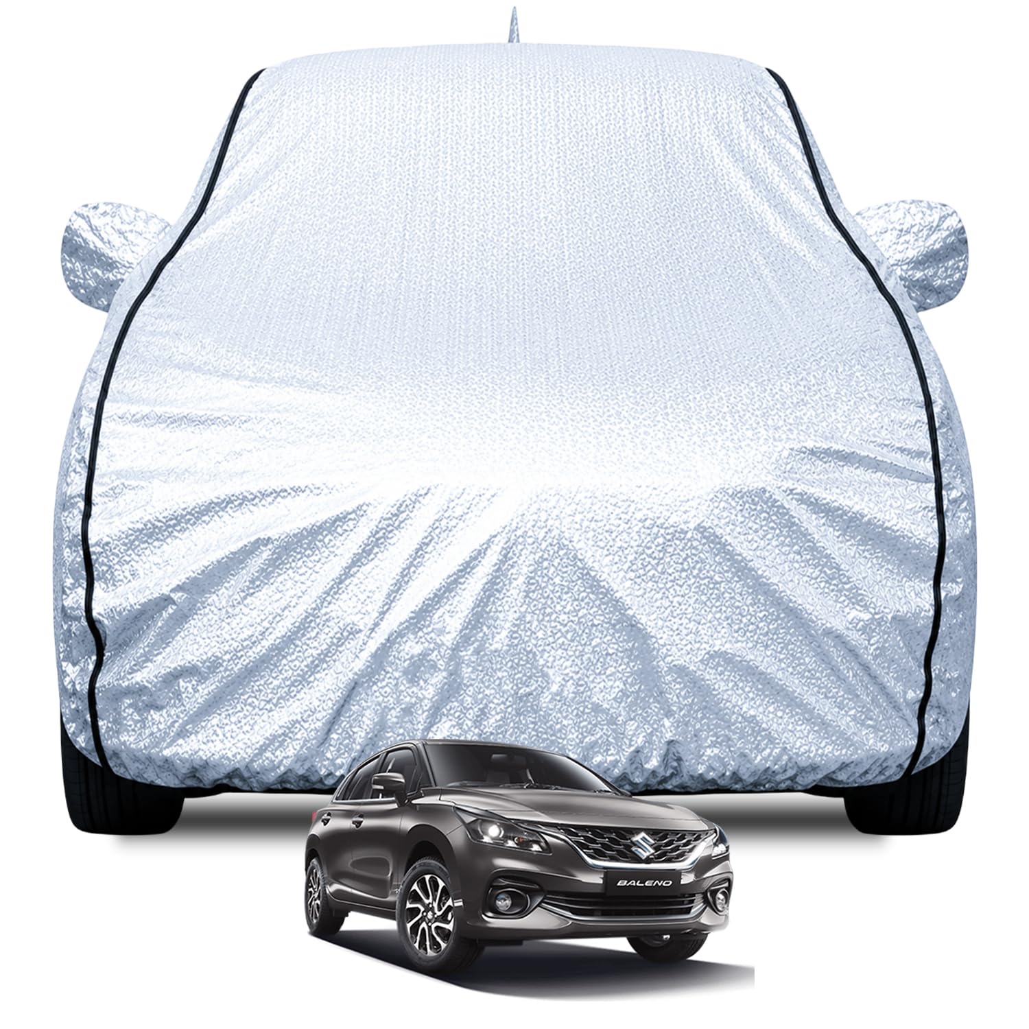 FABTEC Waterproof Car Body Cover for Maruti Baleno with Mirror and Antenna Pocket, Soft Cotton Lining, Triple Stitched (Heat Resistant Metallic Silver with Black Piping)-image-43