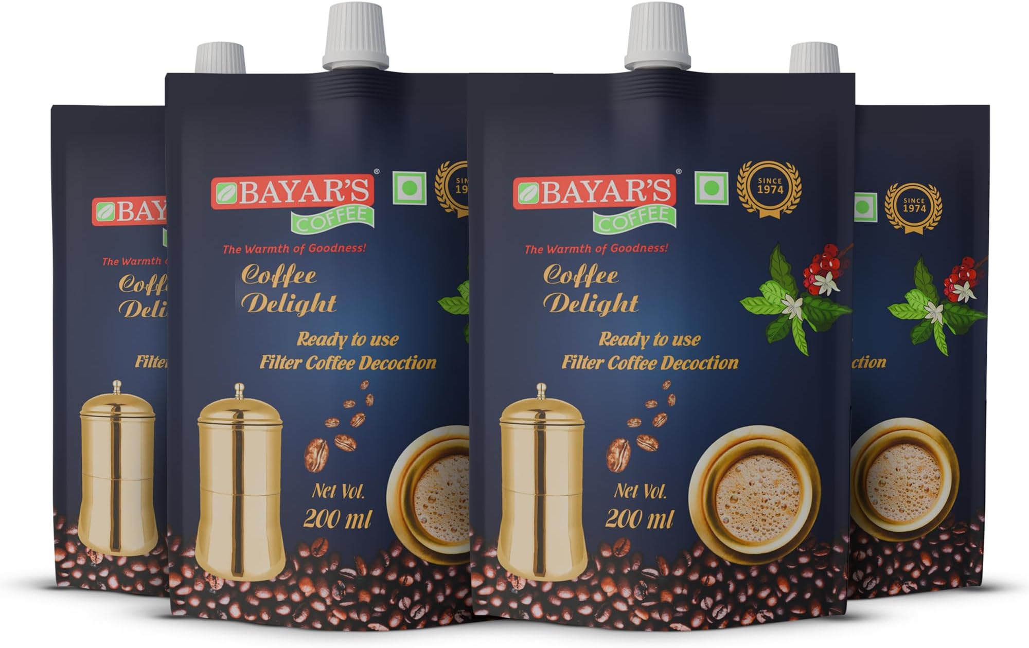 Bayar's Coffee Liquid Delight 200ml Each | Authentic South Indian Instant Filter Coffee Decoction with 80% Coffee & 20% Chicory | Rich, Creamy & Ready to Serve - Pack of 4