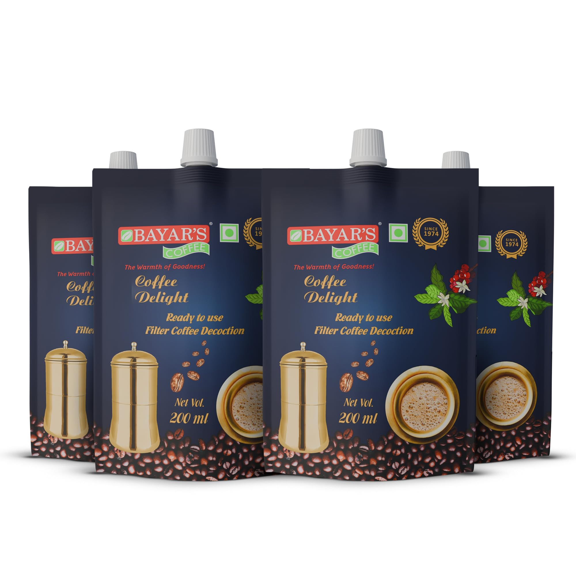 Bayar's Coffee Liquid Delight 200ml Each | Authentic South Indian Instant Filter Coffee Decoction with 80% Coffee & 20% Chicory | Rich, Creamy & Ready to Serve - Pack of 4
