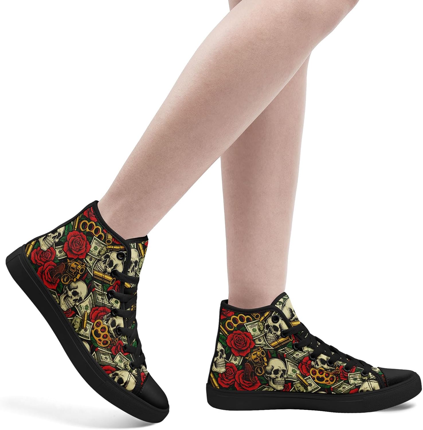 High Top Canvas Sneakers with Skull Floral, Lightweight Casual Walking Goth Shoes for Streetwear Skate Travel - Image 4