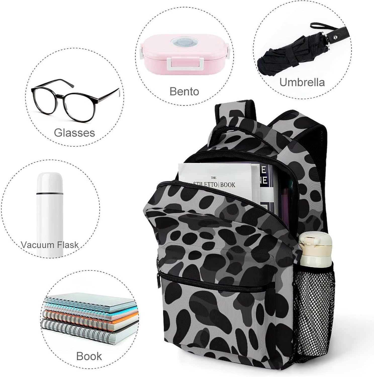 Black Grey Leopard Laptop Backpack Lightweight Travel Daypack Shoulder Bag for Men Women