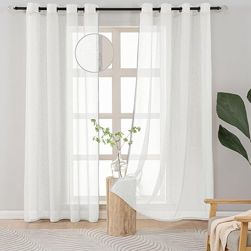 Cortinas de lino transparente blanco para sala de estar de 96 pulgadas de largo, cortinas texturizadas de lino para dormitorio, juegos de 2 paneles