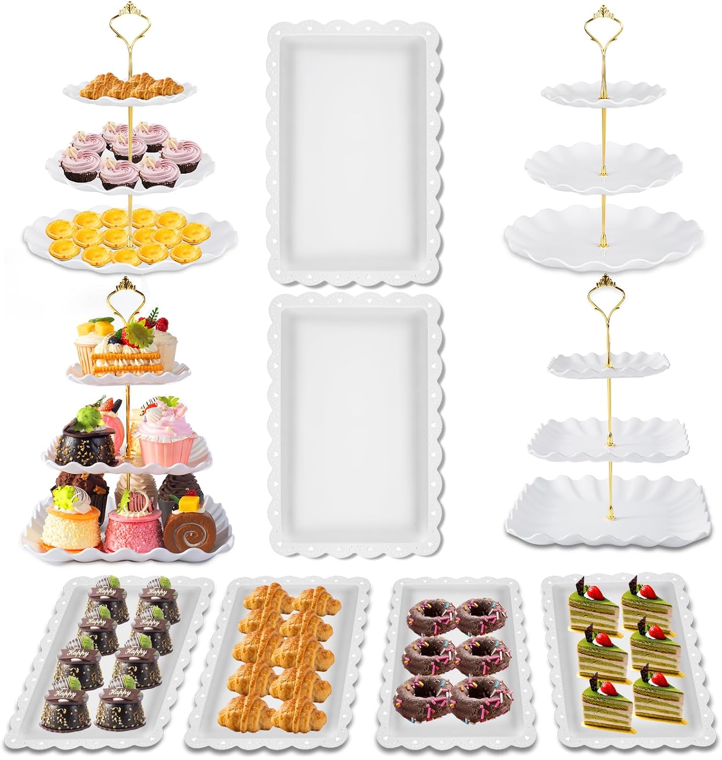 10 Pack Dessert Table Display Set, 4 Sets 3 Tier Cupcake Stand, 6 Pcs Food Serving Trays, Tiered White Plastic Cup Cake Tower for Birthday Baby Shower Wedding and Tea Party Supplies (10, Large)