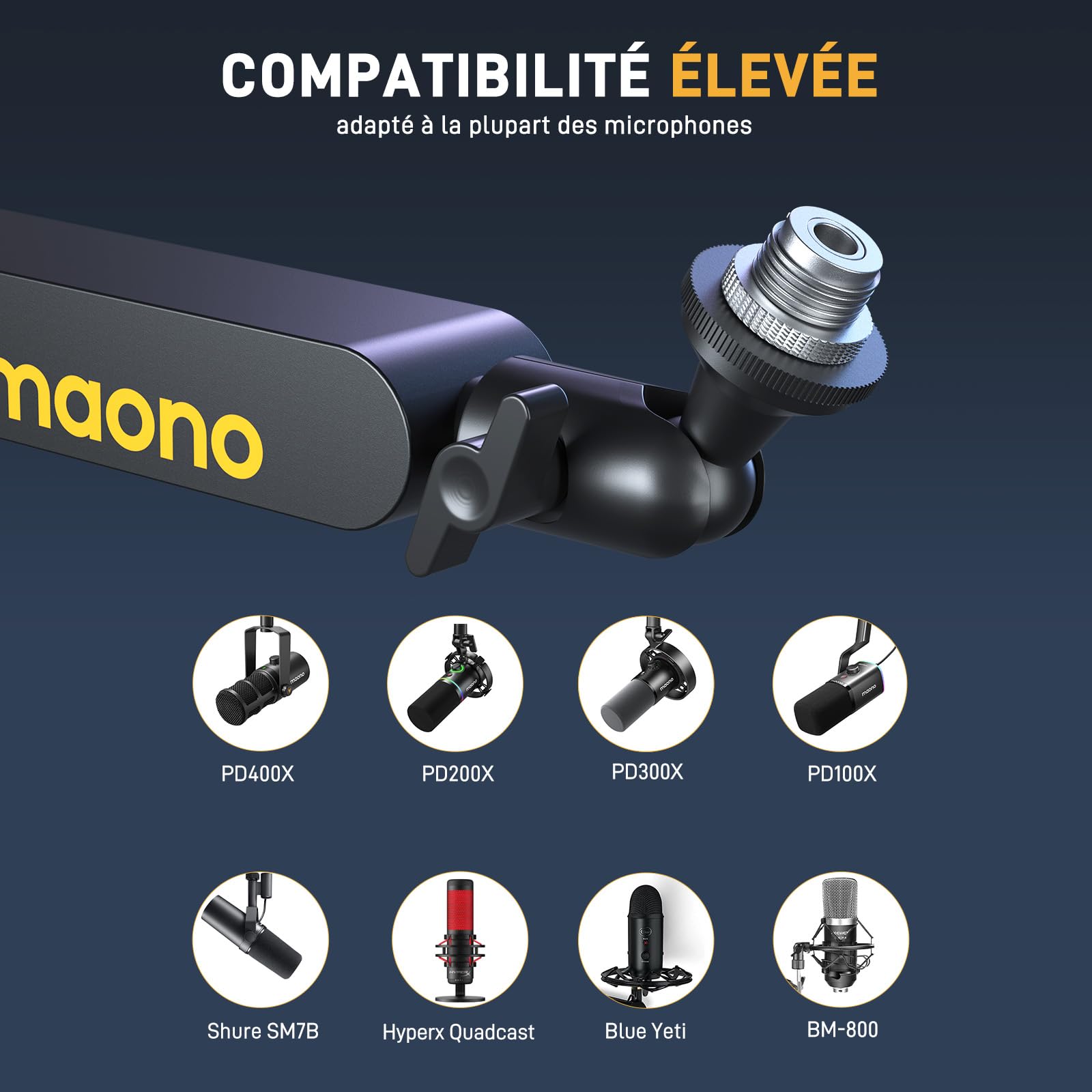 MAONO BA92 Bras micro Noir low profile avec passe-câbles intégré pour bureau organisé, réglable 360°