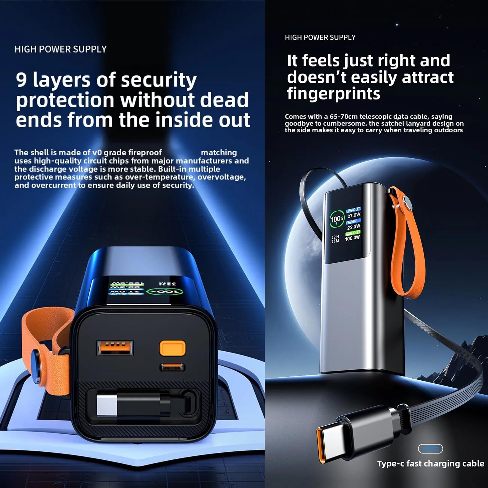 Fast PD100W Grande Capacité 20000mAh Power Backup avec Lumière LED Lumineuse pour Téléphones et Ordinateurs Portables Randonnée Camping Voyage Utilisation Chargeur Portable Résistant à l'eau