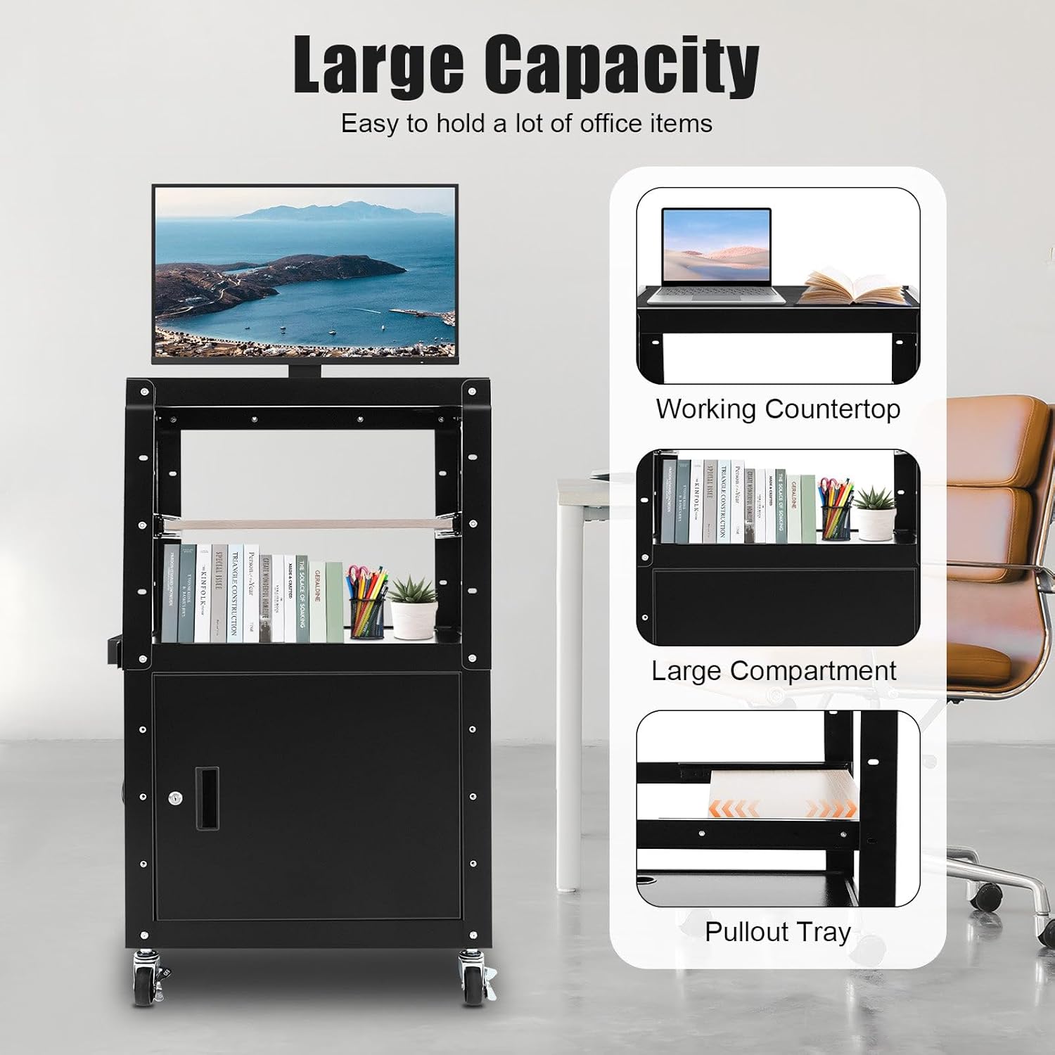 Large AV Cart with Locking Cabinet, Rolling Adjustable Height Utility Cart, Mobile Laptop Workstation Stand with Extra Storage Space, Pullout Tray, Power Strip, 24 * 18 * 41.5in Black