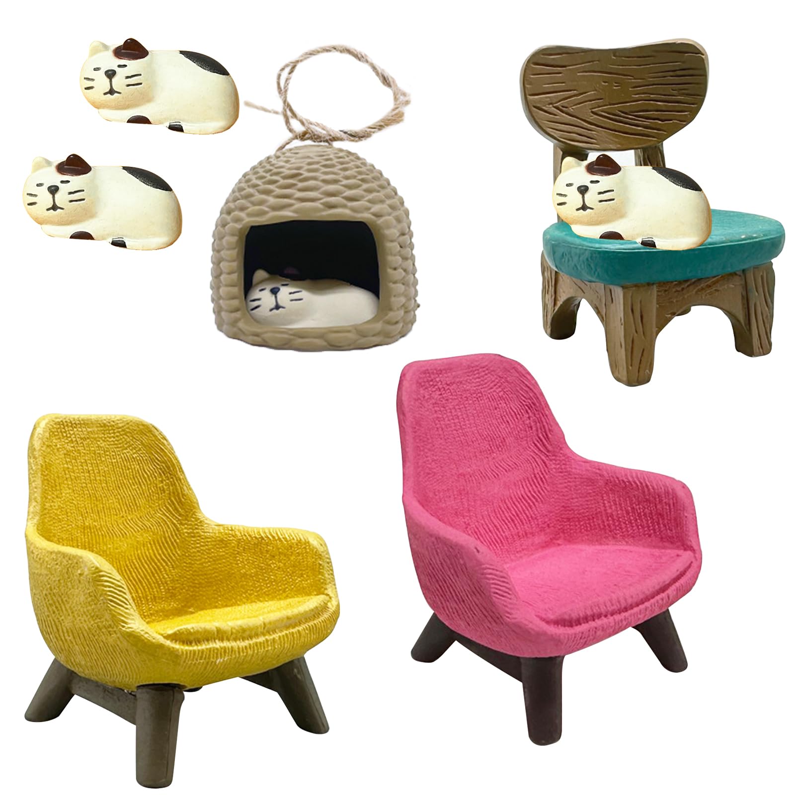 Questran 4 Piezas Estatua de Gato en Miniatura, Figuras de Gatos Miniaturas con Sofá Pequeño, Accesorios de Decoración de Escritorio, Escultura Resina Gato Lindo, para Oficina Hogar Regalo Cálido