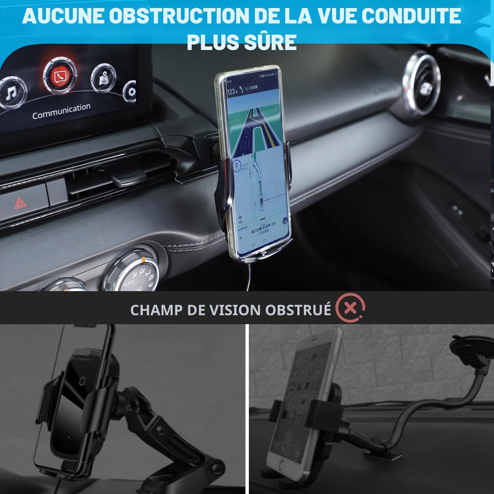 Support de téléphone de voiture Mazda MX-5 ND 2016-2024 - Support rotatif fixe sur la grille d'aération centrale droit - Convient pour iPhone, Android et smartphones