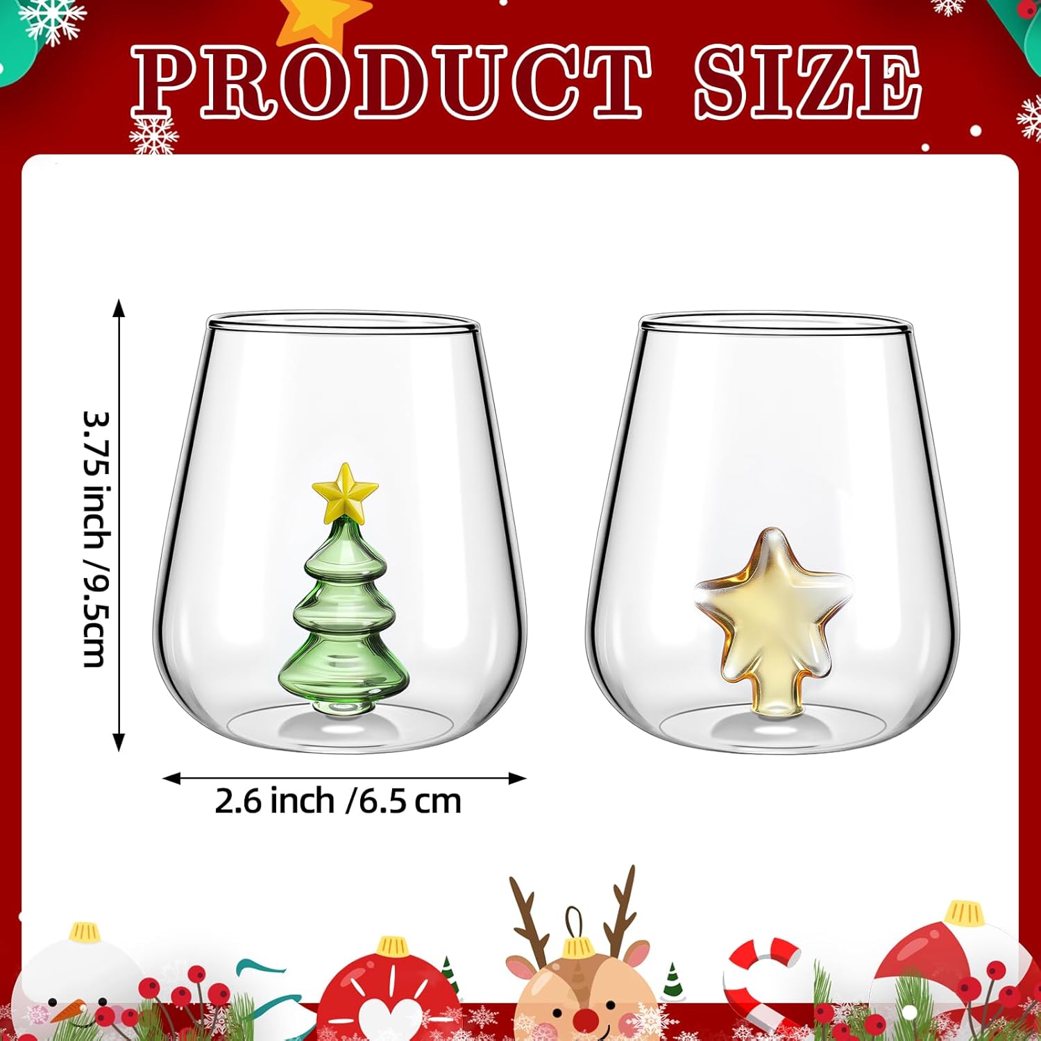 2 Set Christmas Tree and Star Stemless Wine Glass Christmas 15 oz Drinking Glasses for Dinner Party Birthday Holiday - Image 2